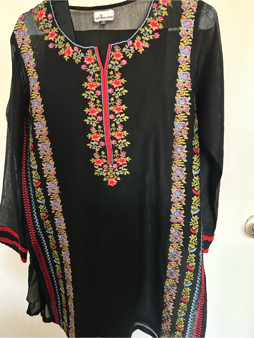 Embroidered Black Tunic with Multicolor Floral Trim -